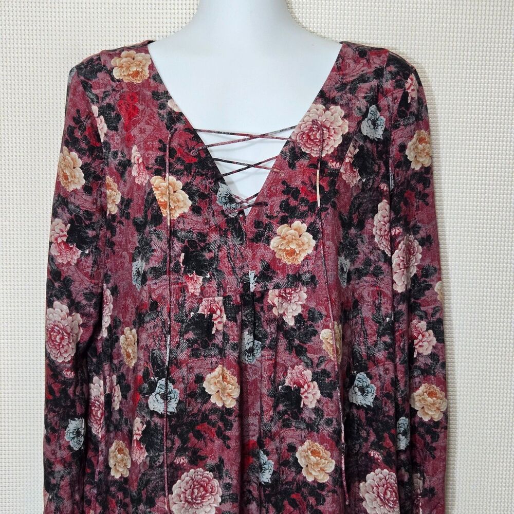 Peruvian Connection Dress Womens Medium Red Floral Lace Up Pockets Tunic - Picture 3 of 10